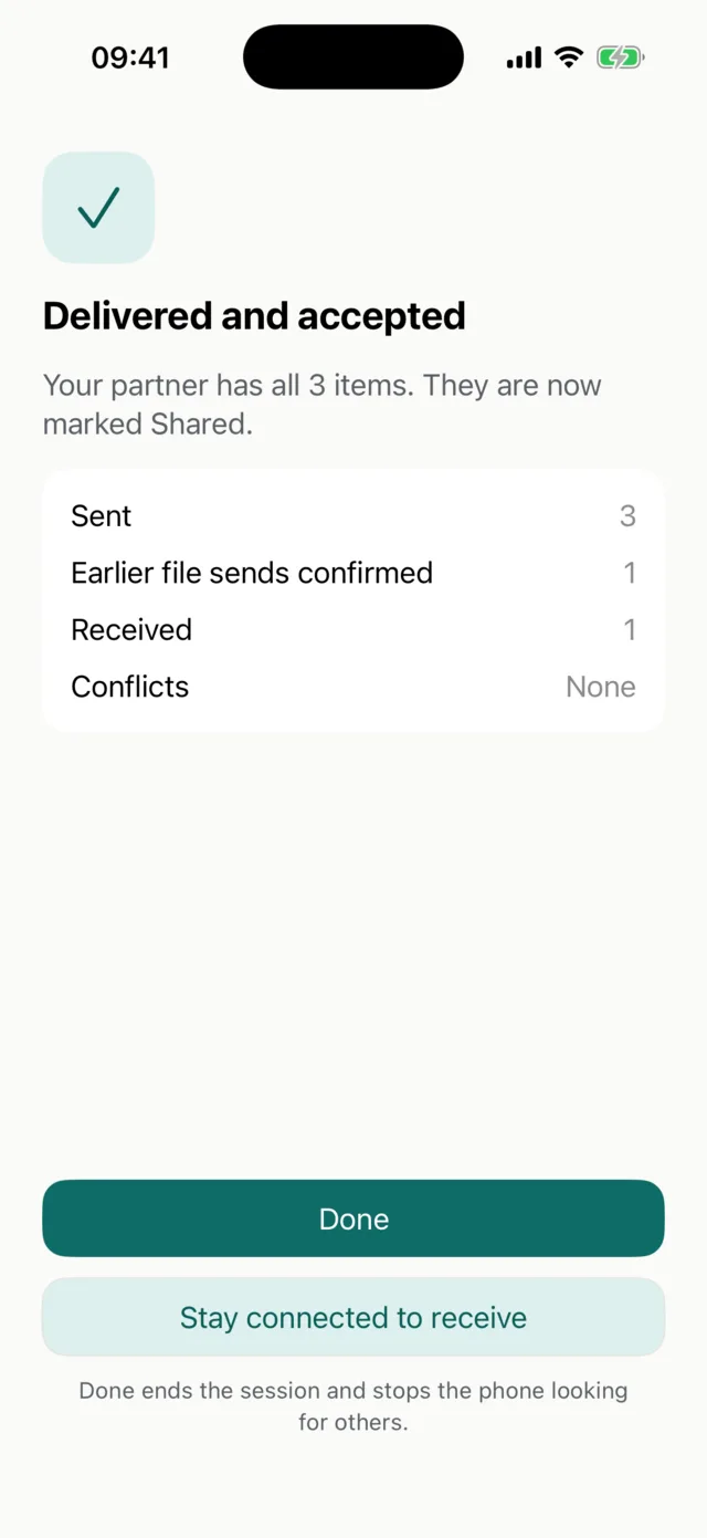 Delivered and accepted: three notes sent, one received, no conflicts.