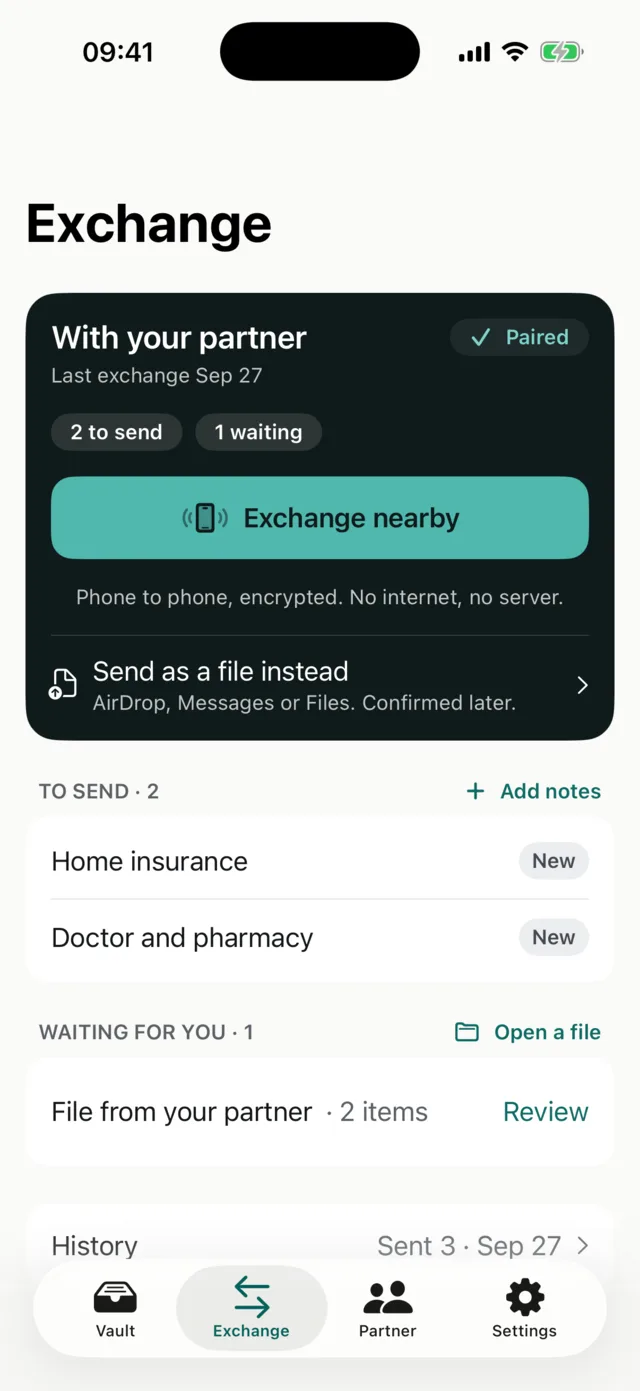 The Exchange tab: paired with your partner, two notes to send, Exchange nearby as the main action.