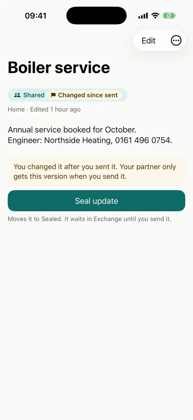 A note called Boiler service, marked Shared and Changed since sent, with a Seal update button.