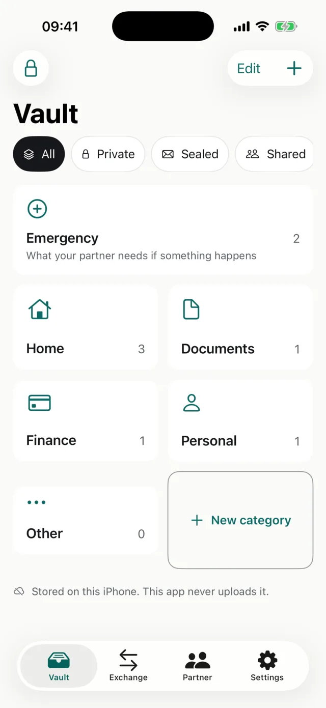 The vault: Emergency, Home, Documents, Finance and Personal, each with how many notes it holds.